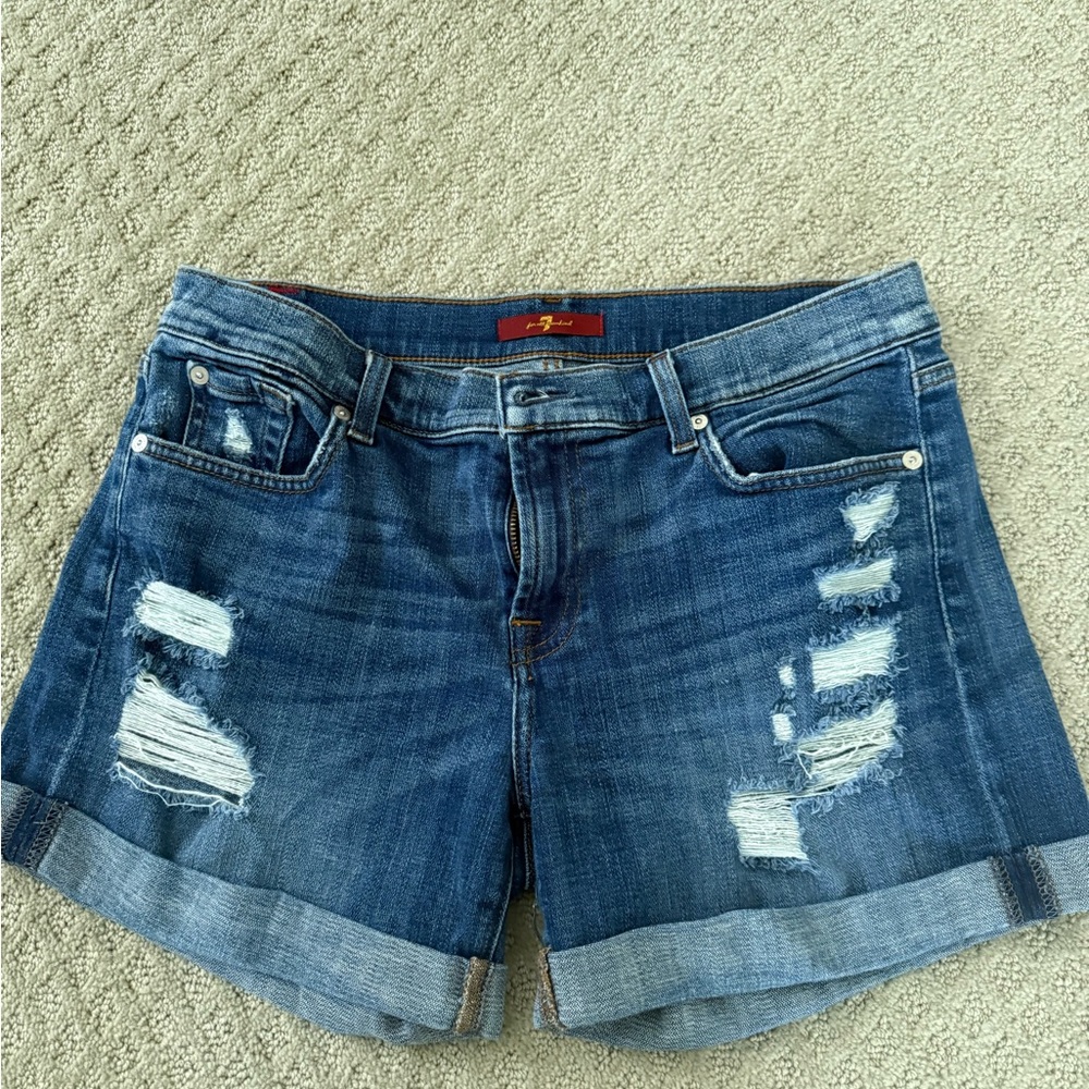 7 For All Mankind Blue Rolled Hem Jean Shorts